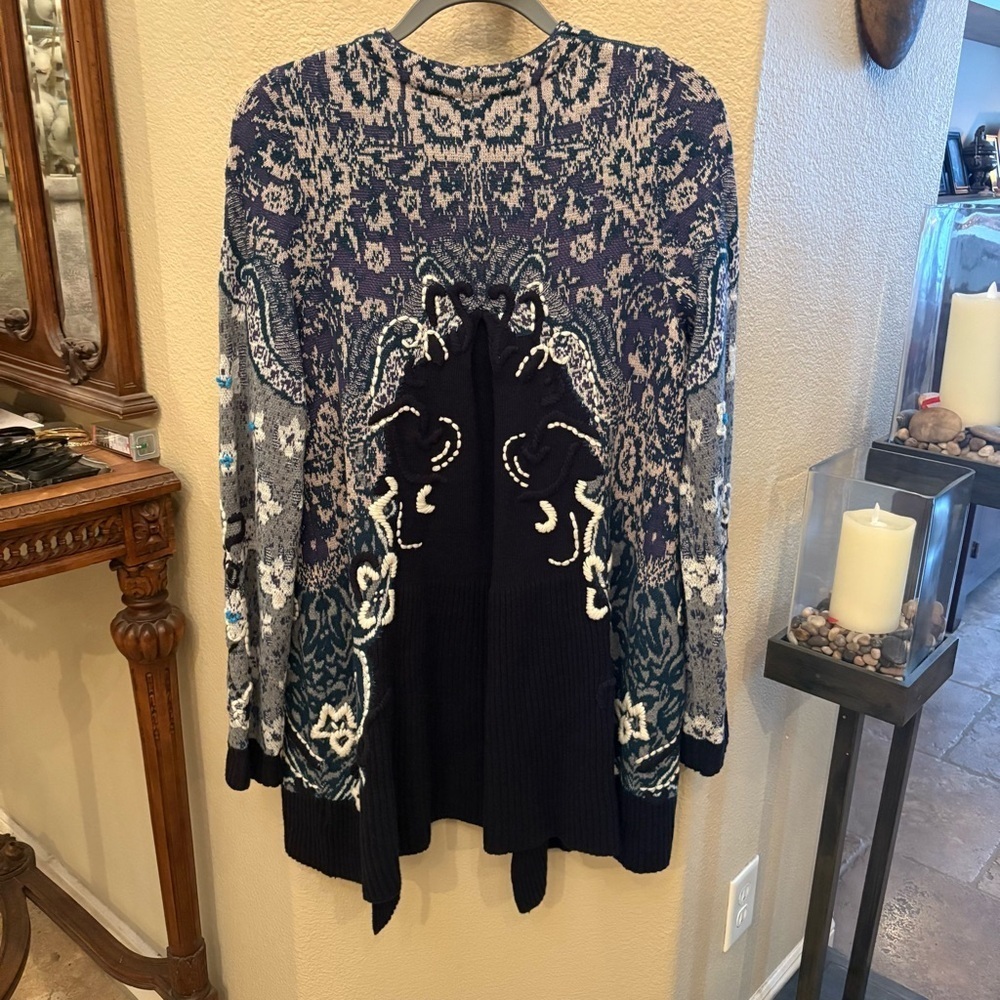 Anthropologie HWR Monogram Emmia Blue Hand-Stitched Embroidered Open Cardigan-S - Picture 3 of 7